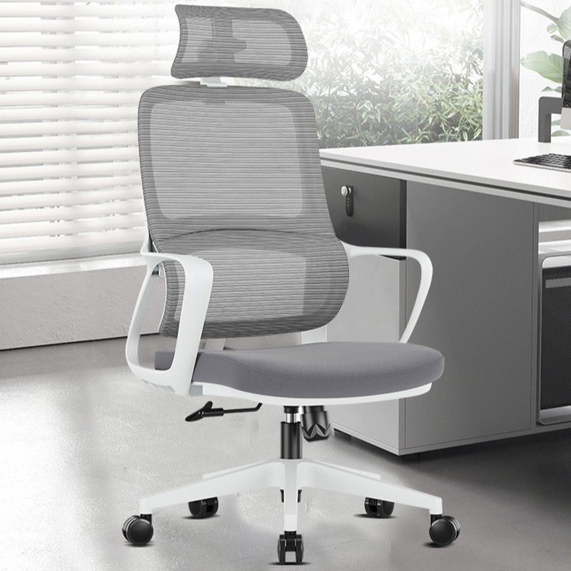 Upholstered Light Gray Office Desk Chairs with Armrest, Swivel, Lumbar Support, Tilt Available, and Headrest