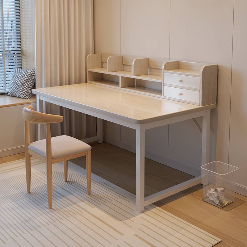 Modern Rectangular Laminate Writing Table with Chalk/Unfinished Colour Drawers, Exterior Shelf, and Hutch