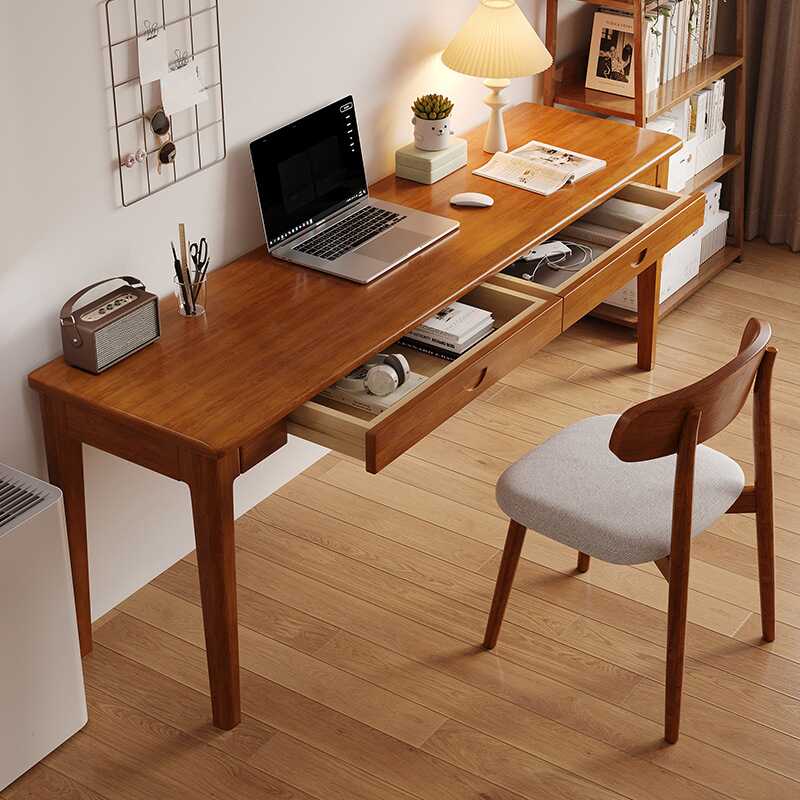Trendy Rectangular Natural Wood Writing Table with Auburn/Unfinished Colour Drawers