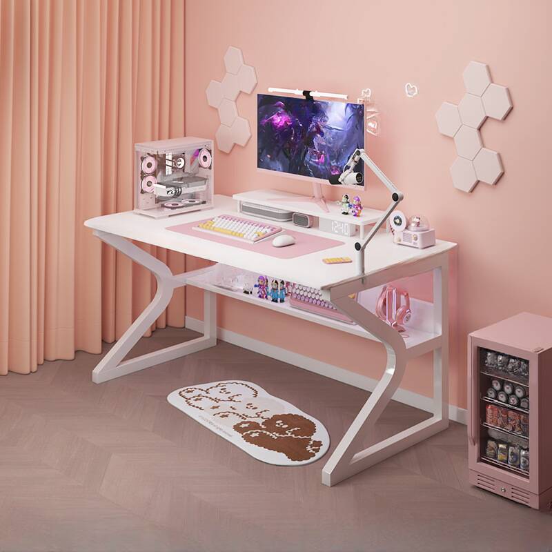 Modern Rectangular Laminate Office Computer Desk with Exterior Shelf and Cable Management
