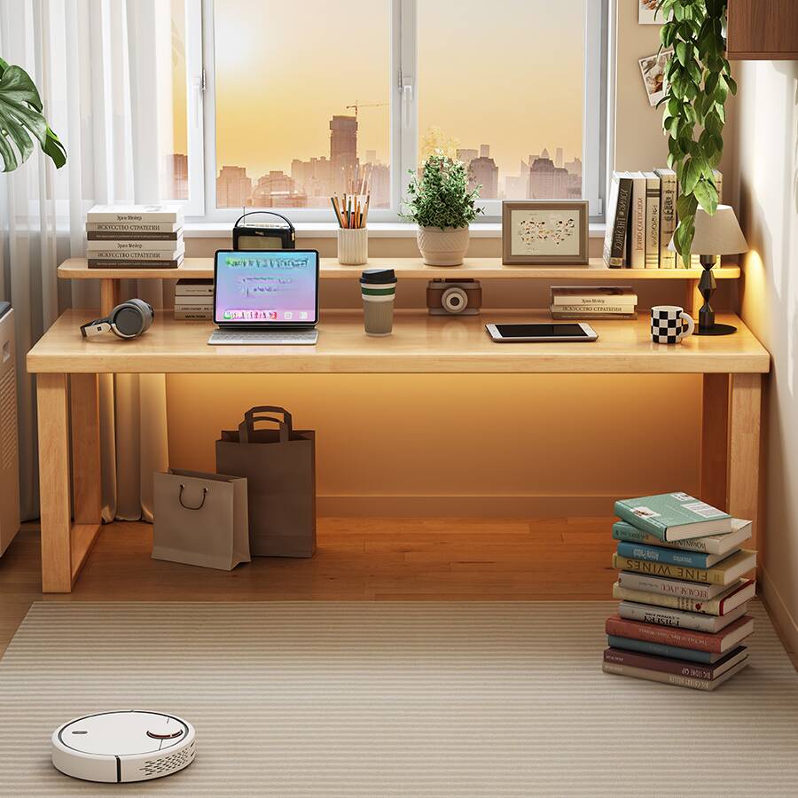 Modern Rectangular Rubberwood Writing Table in Chalk/Brown/Unfinished Colour with Exterior Shelf