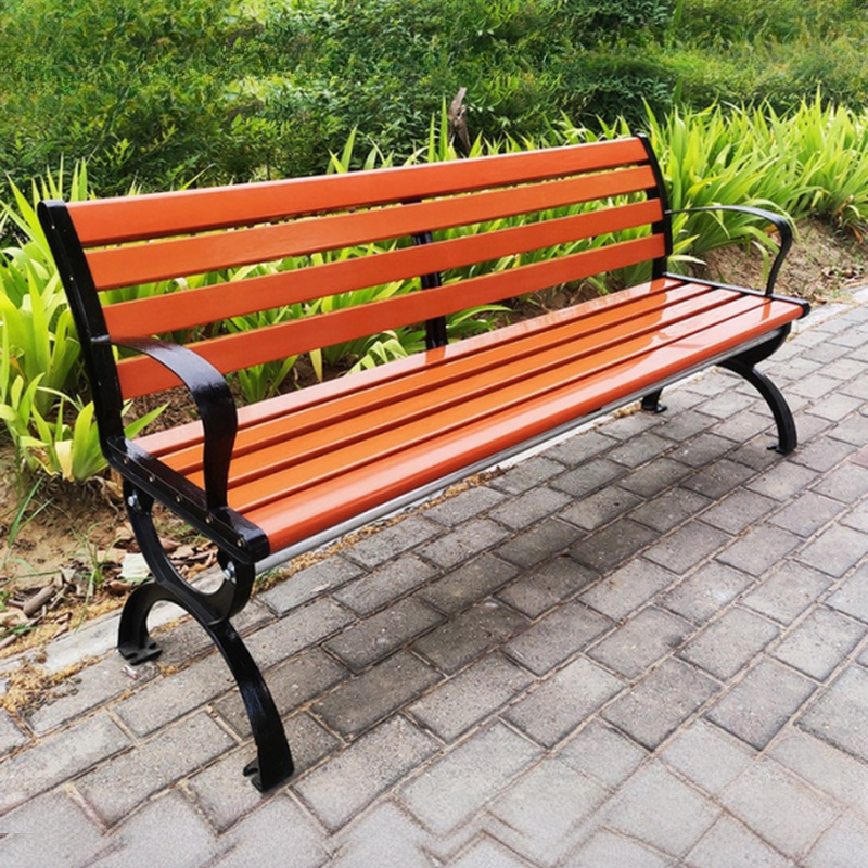 Simple Outdoor Bench with Tan Laminate, Back, and Curved Arm