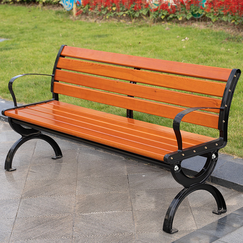 Simple Outdoor Bench with Wood in Sepia, Featuring Back and Curved Arm