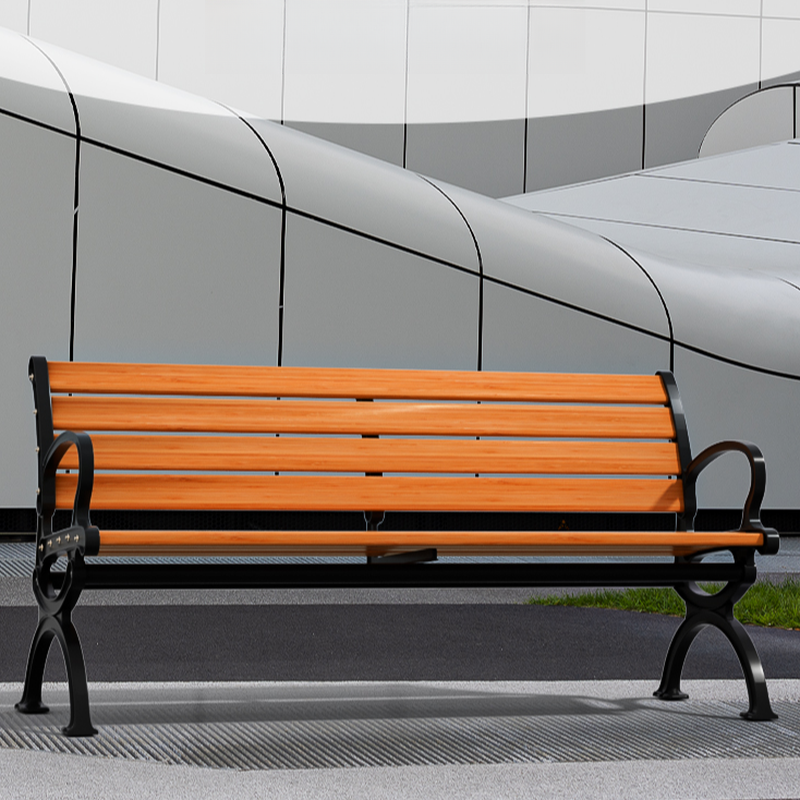 Simple Tan Outdoor Bench with Back, Metal Frame, and Curved Arm