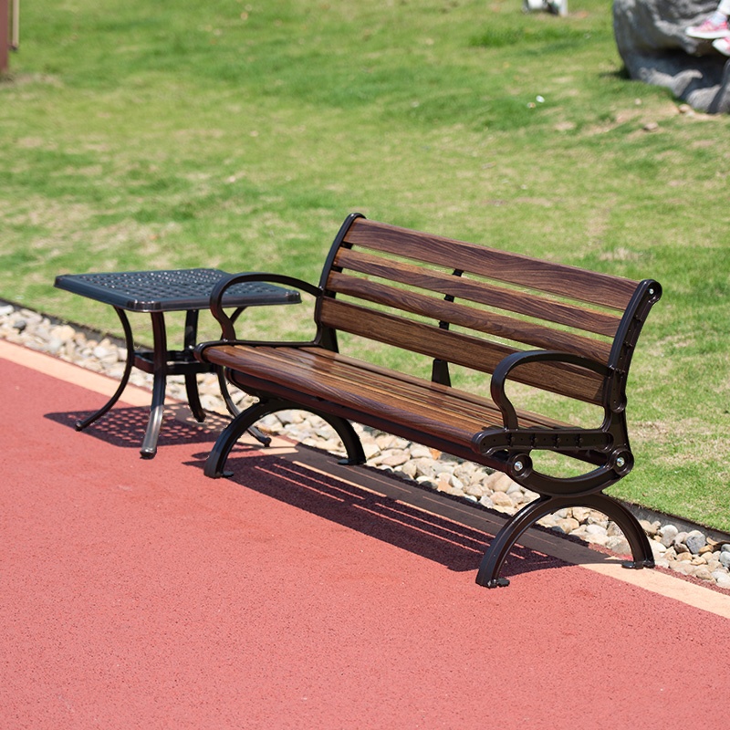 Simple Outdoor Bench with Alloy Frame in Sepia, Featuring Back and Curved Arm