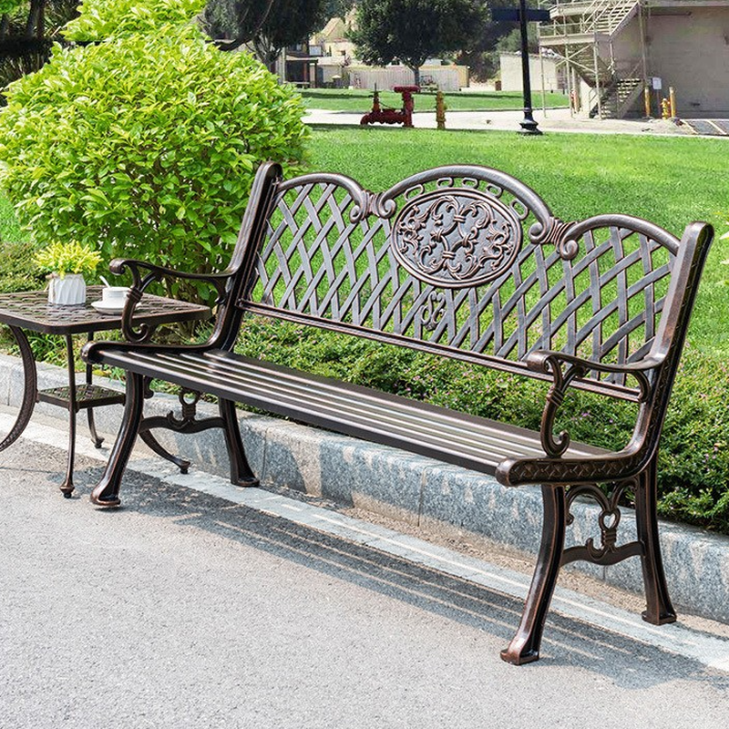 Simple Outdoor Bench with Alloy Pecan Finish, Featuring a Back and Curved Arm