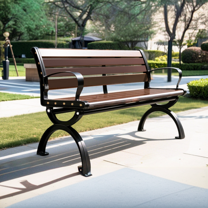 Simple Outdoor Bench with Back, Metal Frame, Curved Arm, and Ink Colour