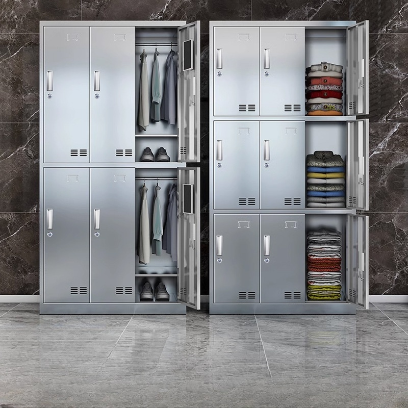 Metallic Stainless Steel 2 Tiers/3 Tiers/4 Tiers 3-Wide/2-Wide Employee Lockers with Key, Louvered Doors & 9 Compartments/8 Compartments/Six Compartments