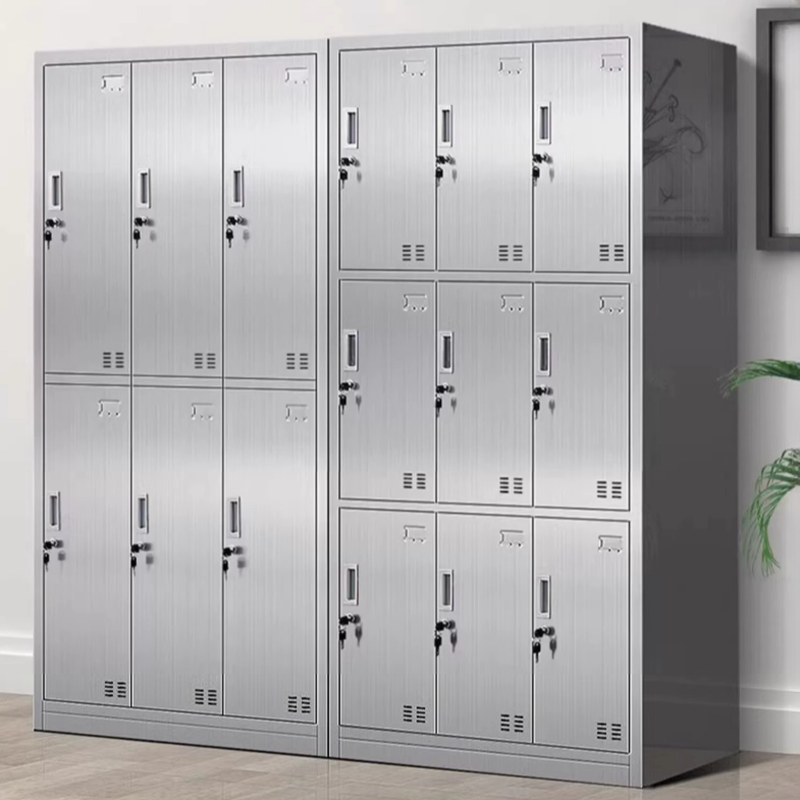 Metallic Stainless Steel 2 Tiers/3 Tiers/4 Tiers Ventilated Employee Lockers with Shoe Storage & Nine Compartments/Eight Compartments/Six Compartments, 3-Wide/2-Wide
