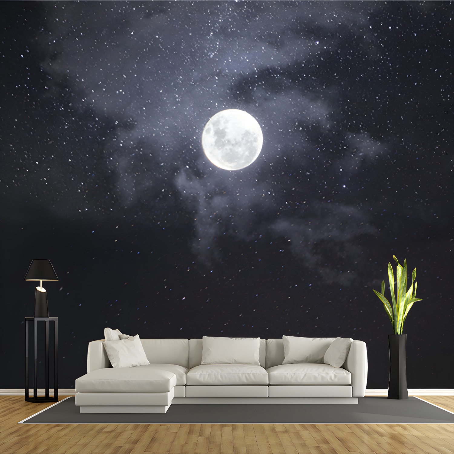 Moon and Starry Sky Mural Wallpaper in White on Black Contemporary Wall Art for Home