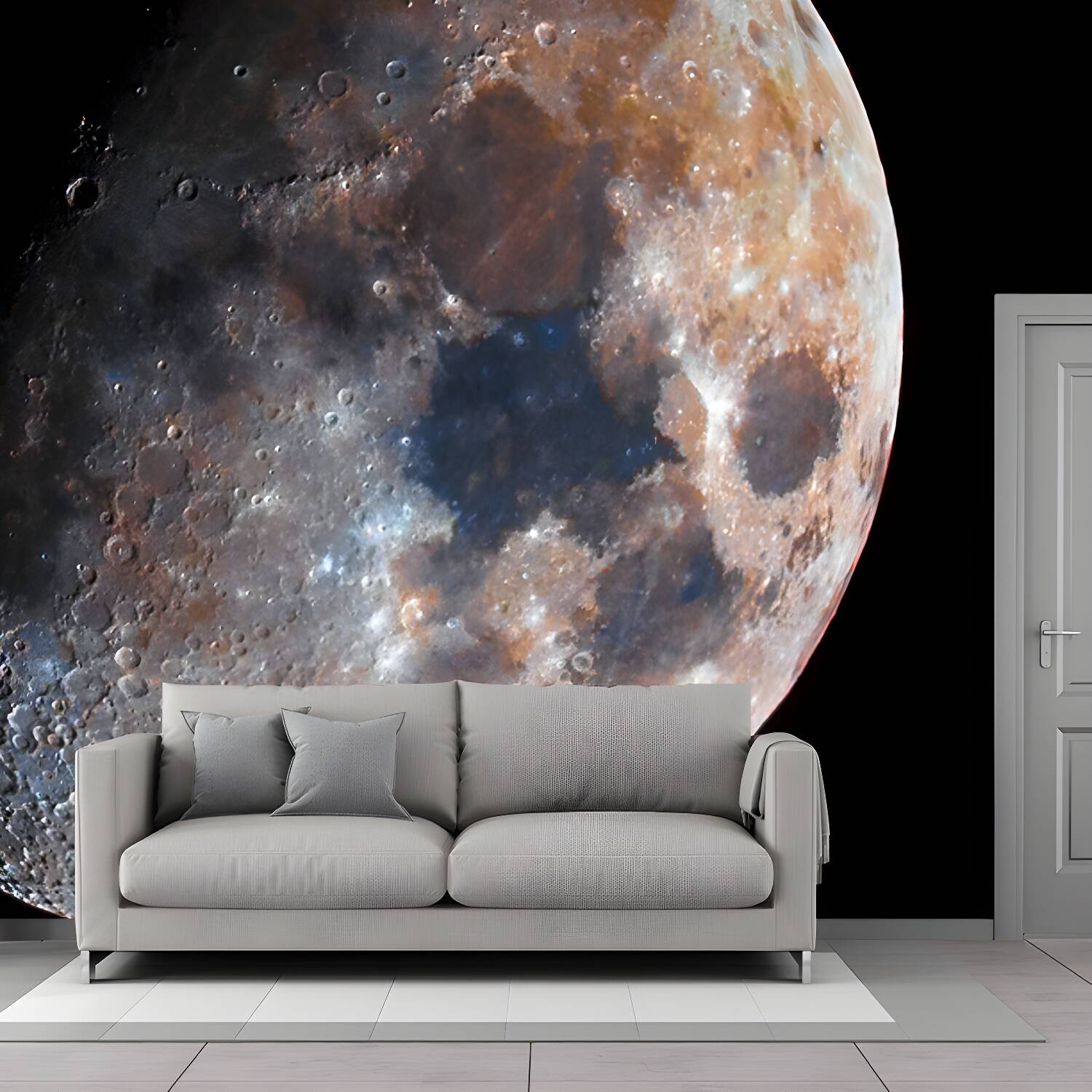 Modern Waxing Gibbous Moon Mural Black-Grey Kids Bedroom Wall Art, Made to Measure
