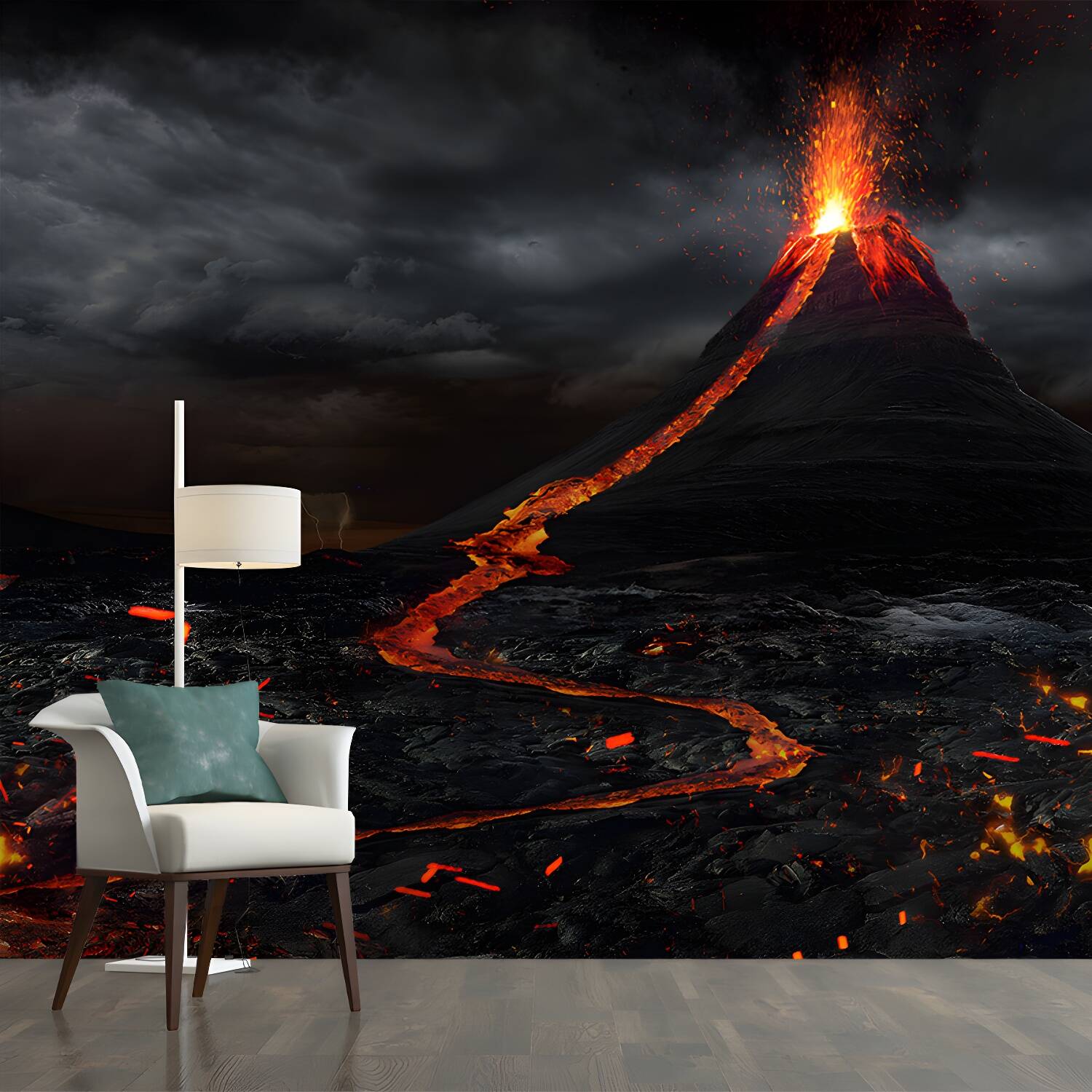 Volcano Eruption Wallpaper Mural Black Modern Style Wall Decor for Bedroom, Custom Made