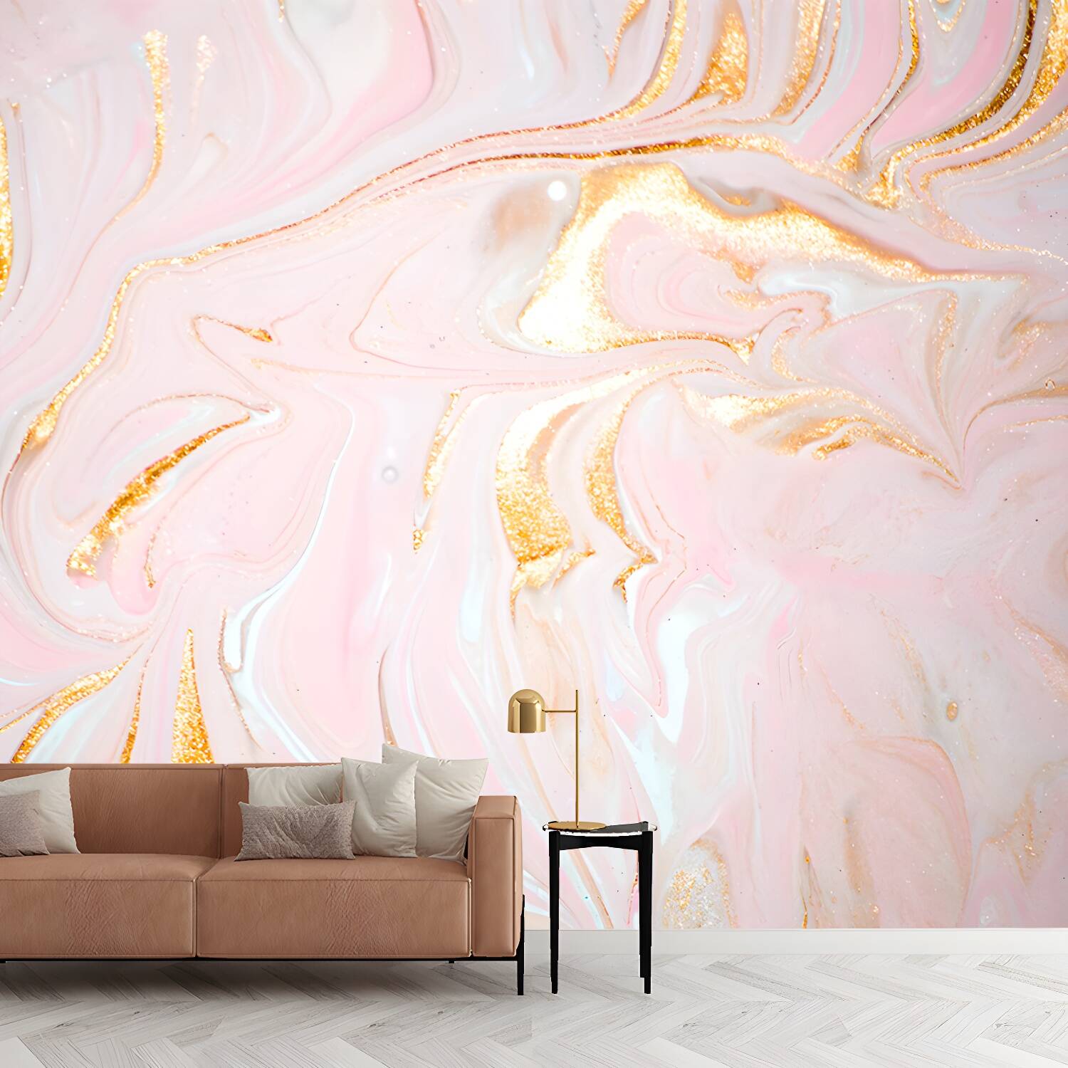 Beautiful Flow Look Mural Wallpaper for Accent Wall, Pink-Gold, Personalized Size