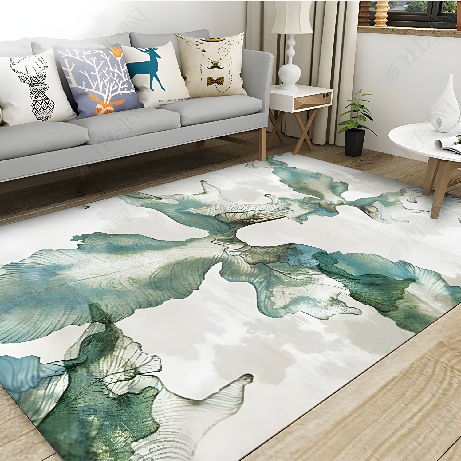 Unique Botanical Pattern Rug with Leaf Gray and Blue Polyester Rug Non-Slip Backing Washable Carpet for Bedroom
