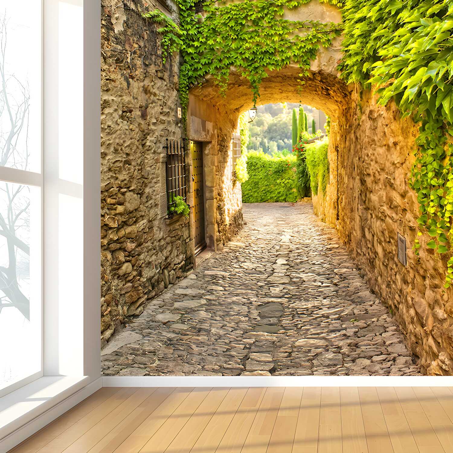 Contemporary Stone Building Wall Mural Green Decorative Wall Covering for Living Room