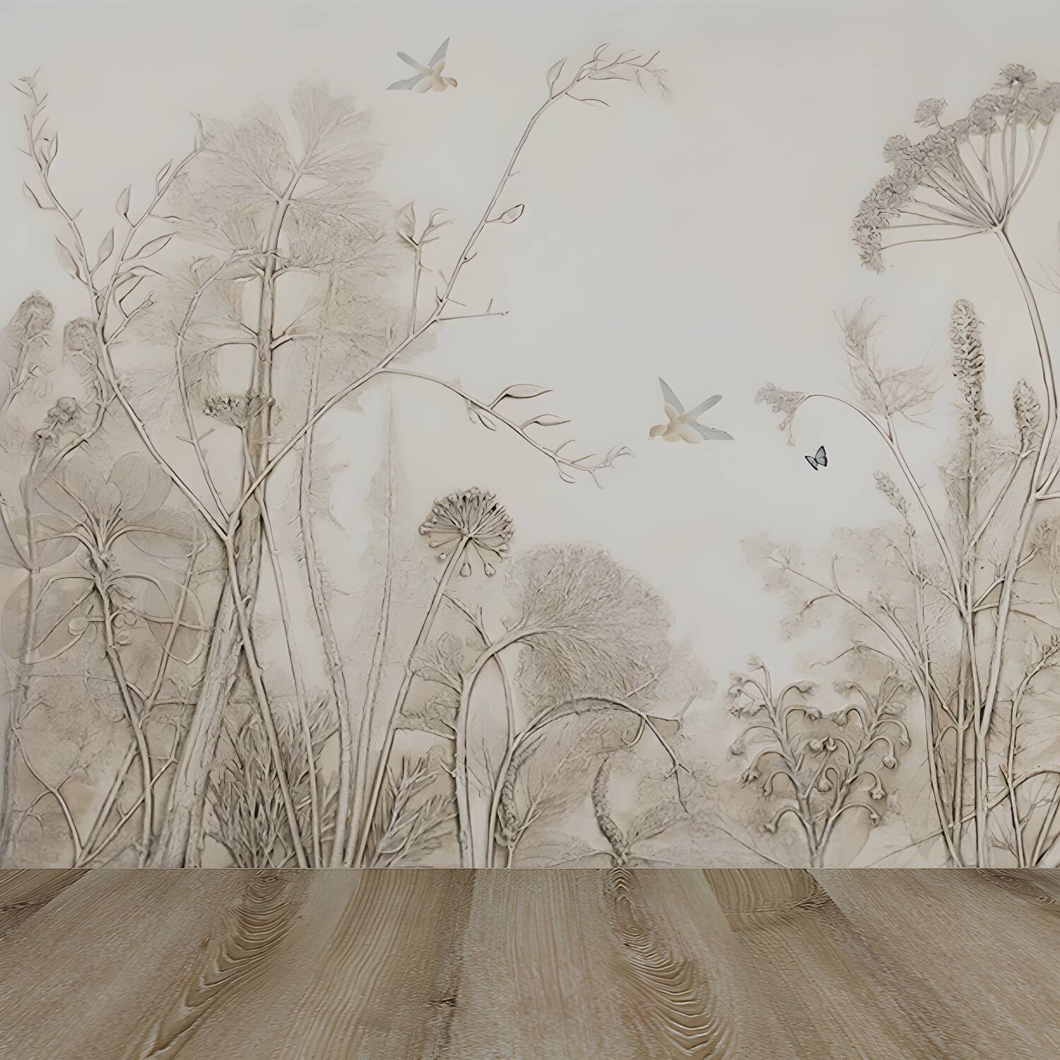 Pencil Sketch Botanical Mural Wallpaper Modern Smooth Wall Covering in Grey for Room