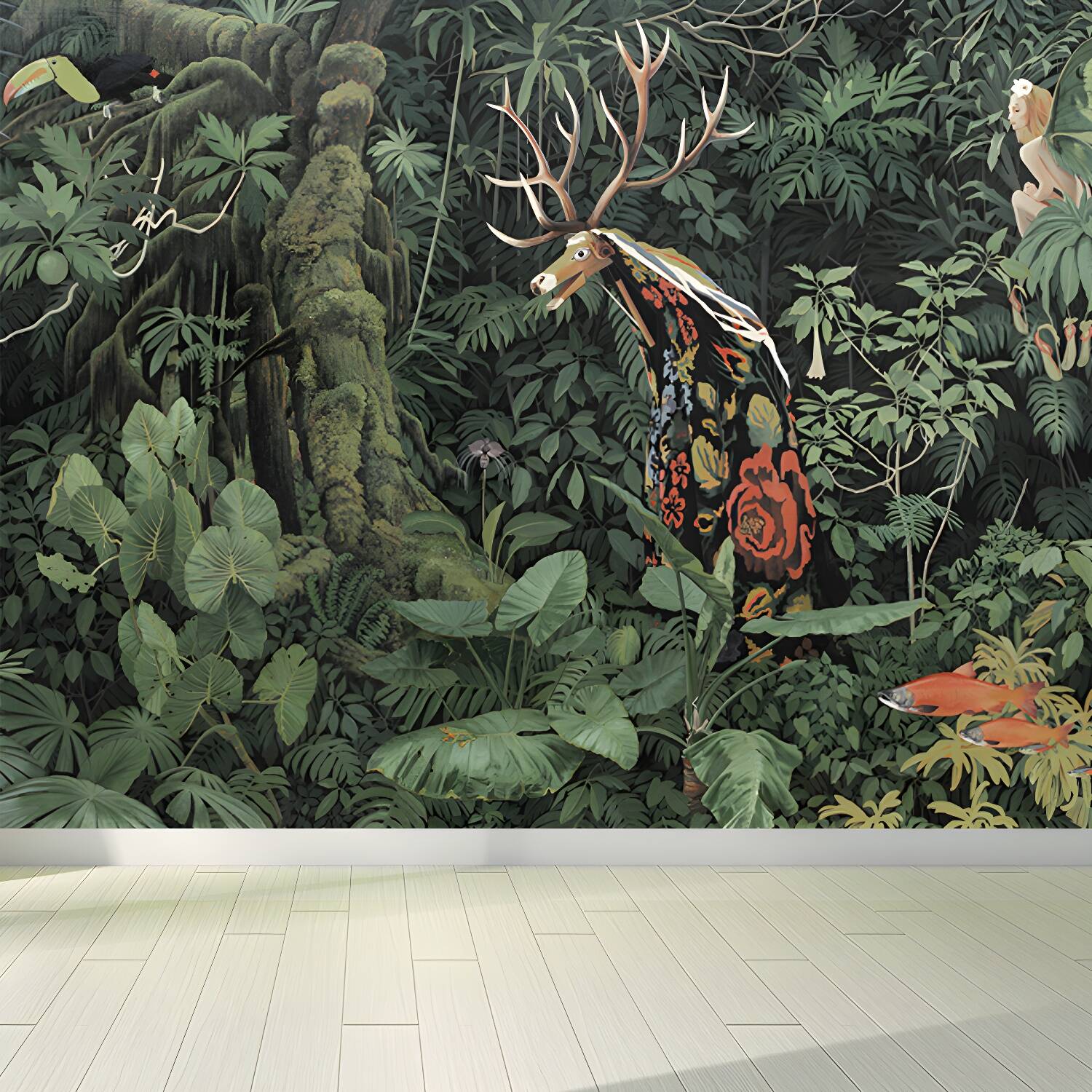Green Tropical Plant Mural Wallpaper Moisture Resistant Wall Art for Living Room