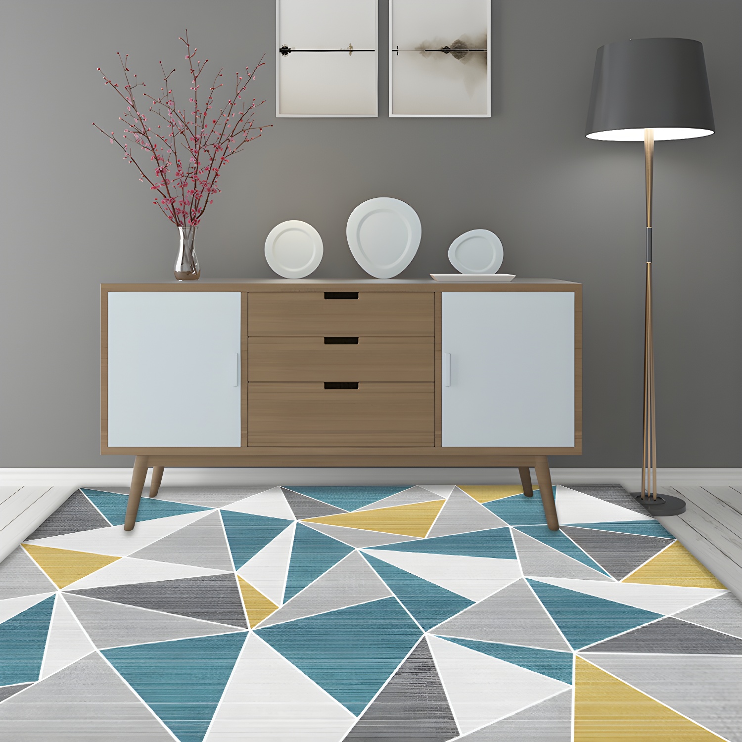 Unusual Geometric Pattern Rug Blue and Grey Modern Rug Polyester Washable Pet Friendly Anti-Slip Carpet for Living Room