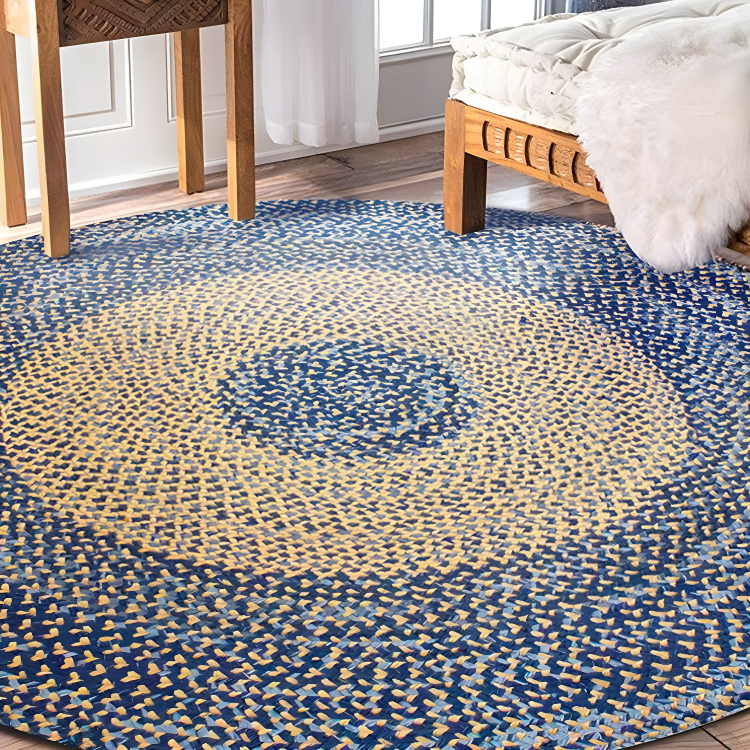 Countryside Circle Pattern Rug Blue and Brown Sisal Rug Non-Slip Backing Washable Pet Friendly Carpet for Home