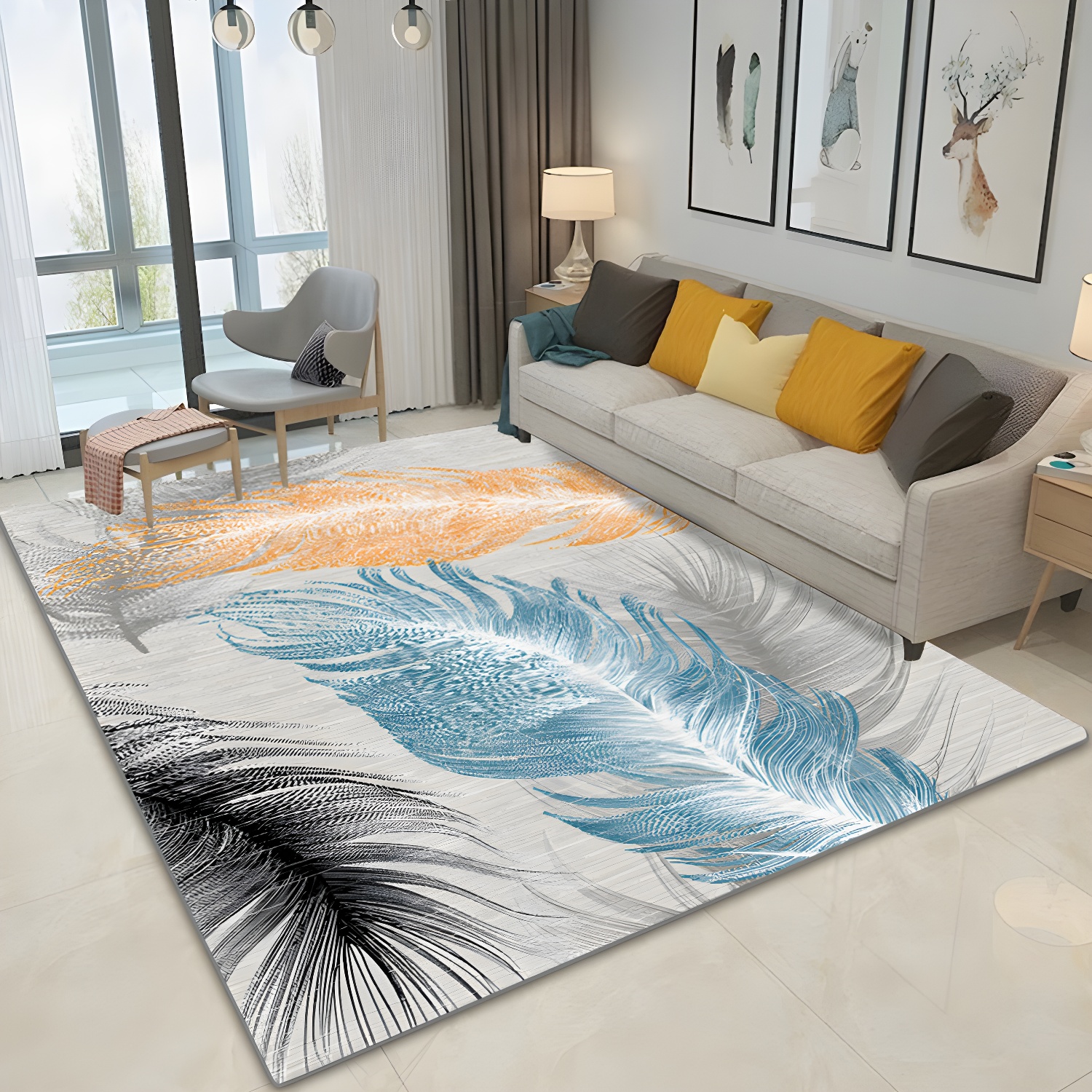 Fancy Feather Pattern Rug Multicolour Modernism Rug Polyester Pet Friendly Washable Non-Slip Area Rug for Bedroom