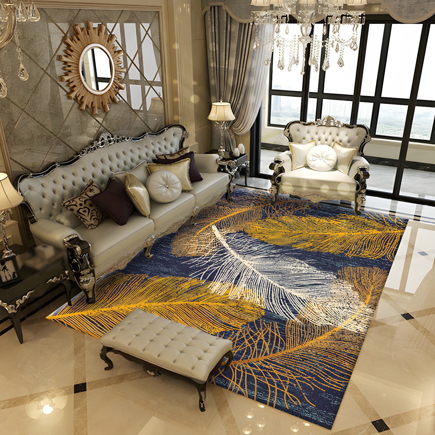 Multicolour Feather Pattern Rug Polyester Rug Pet Friendly Washable Non-Slip Area Rug for Living Room