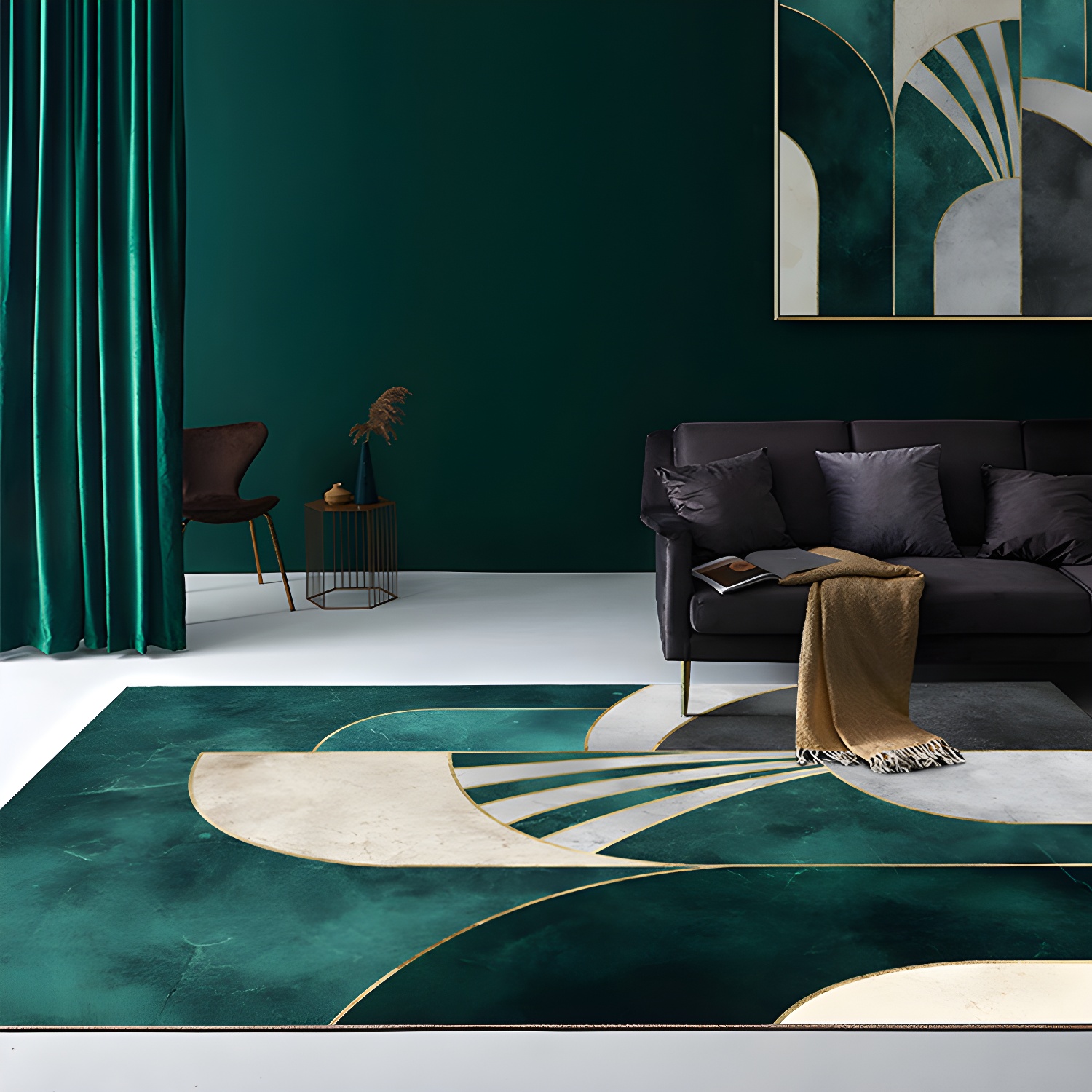 Nordic Parlor Rug Green Geometric Pattern Rug Polypropylene Washable Non-Slip Pet Friendly Carpet
