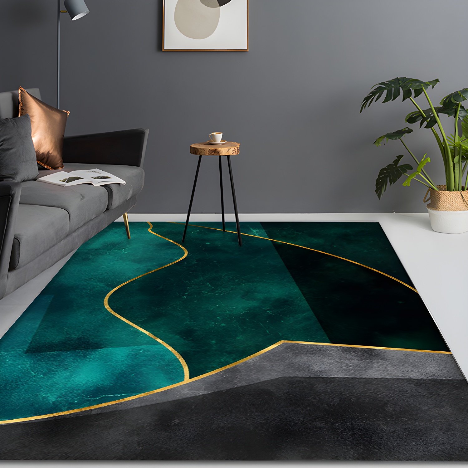 Green Living Room Rug Modernist Abstract Pattern Rug Polyester Machine Washable Non-Slip Backing Area Rug