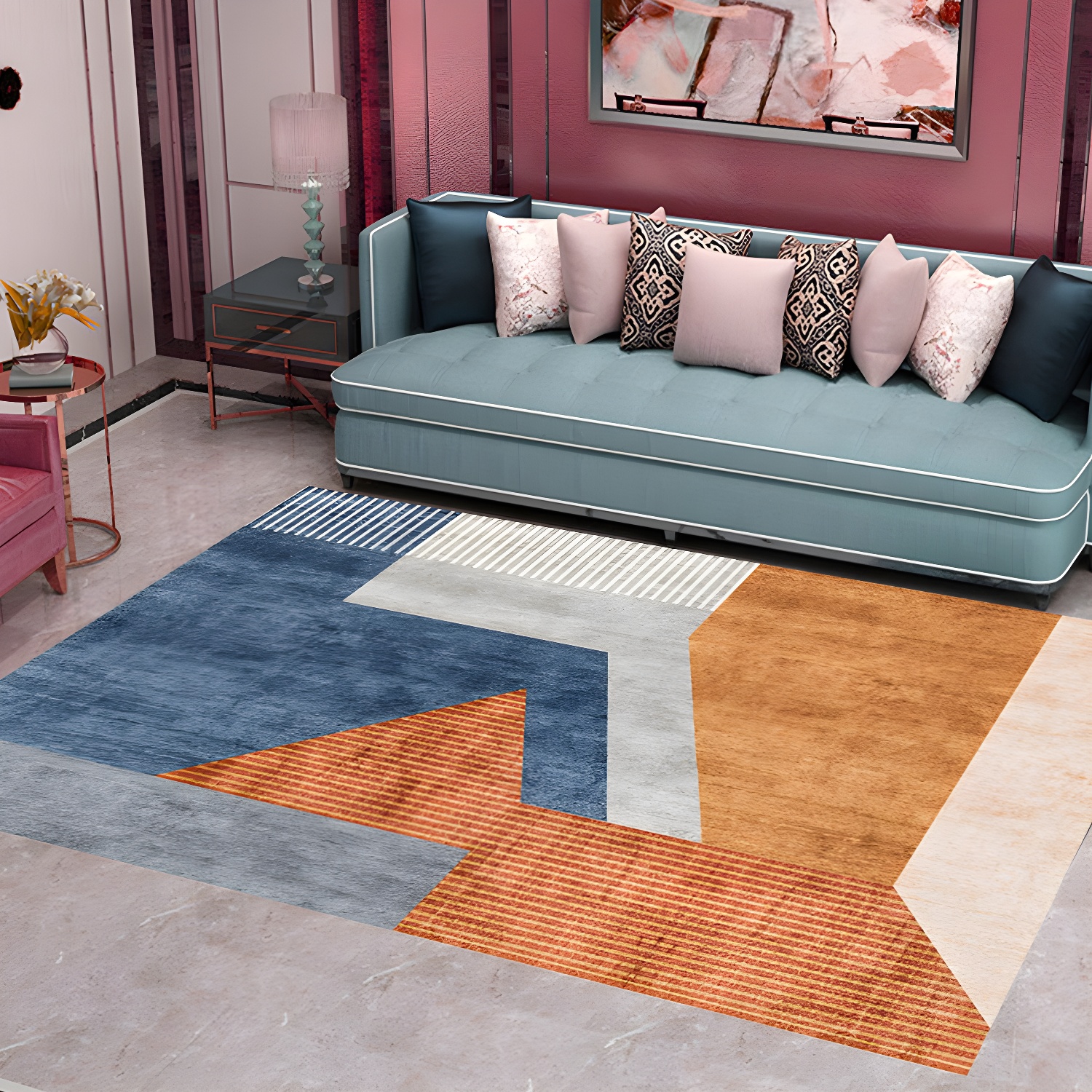 Orange-Red Modern Rug Polyester Colourblock Striped Pattern Rug Pet Friendly Washable Non-Slip Carpet for Home