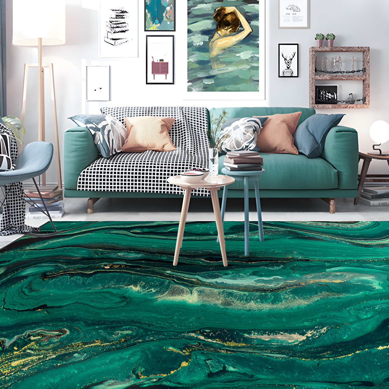 Green Study Rug Contemporary Abstract Rug Polyester Anti-Slip Backing Washable Area Rug