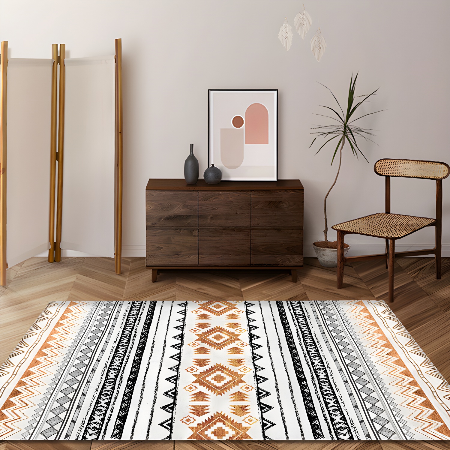 Multi-Coloured Home Rug Bohemian Tribal Geometrical Pattern Rug Synthetics Machine Washable Non-Slip Backing Area Rug
