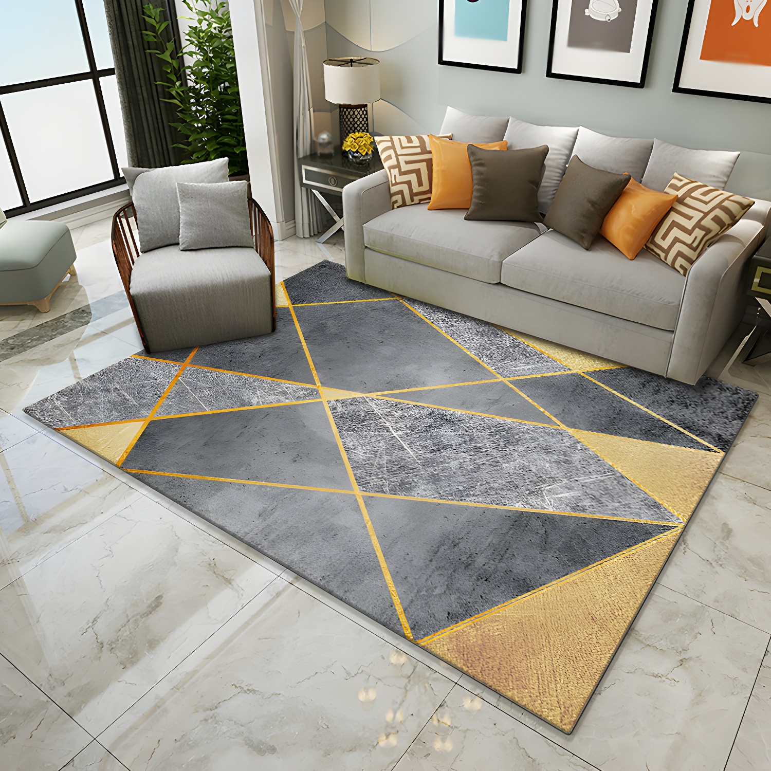 Nordic Geometric Pattern Rug Multicolour Polyester Carpet Anti-Slip Pet Friendly Washable Rug for Drawing Room
