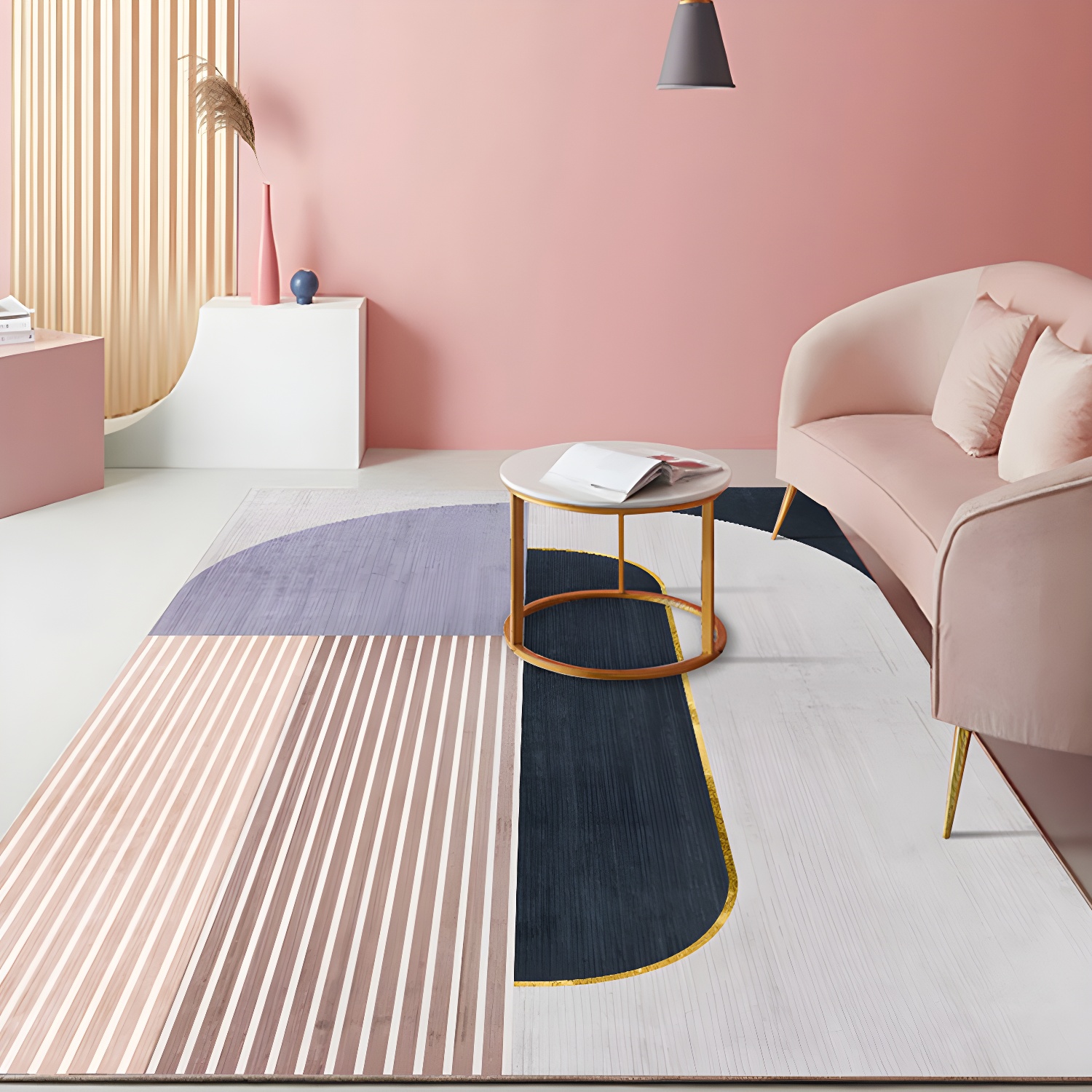 Pastel Colour Scandinavian Rug Polypropylene Geometric Shapes and Lines Carpet Non-Slip Backing Rug for Home