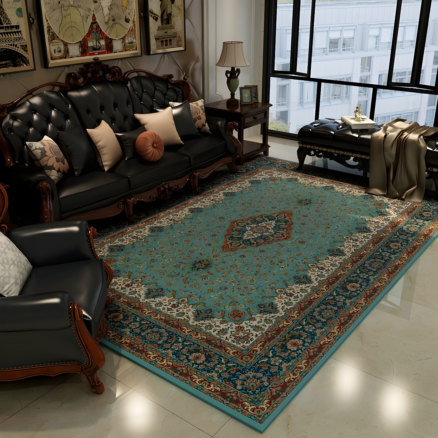 Oriental Floral Frame Rug Dark Colour Polypropylene Rug Machine Washable Anti-Slip Backing Stain Resistant Area Carpet for Family Room