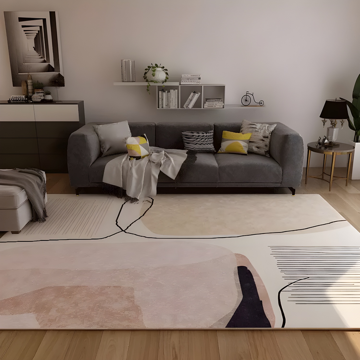 Scandinavian Room Rug Multicolour Line and Block Pattern Rug Polypropylene Stain Resistant Washable Anti-Slip Backing Rug