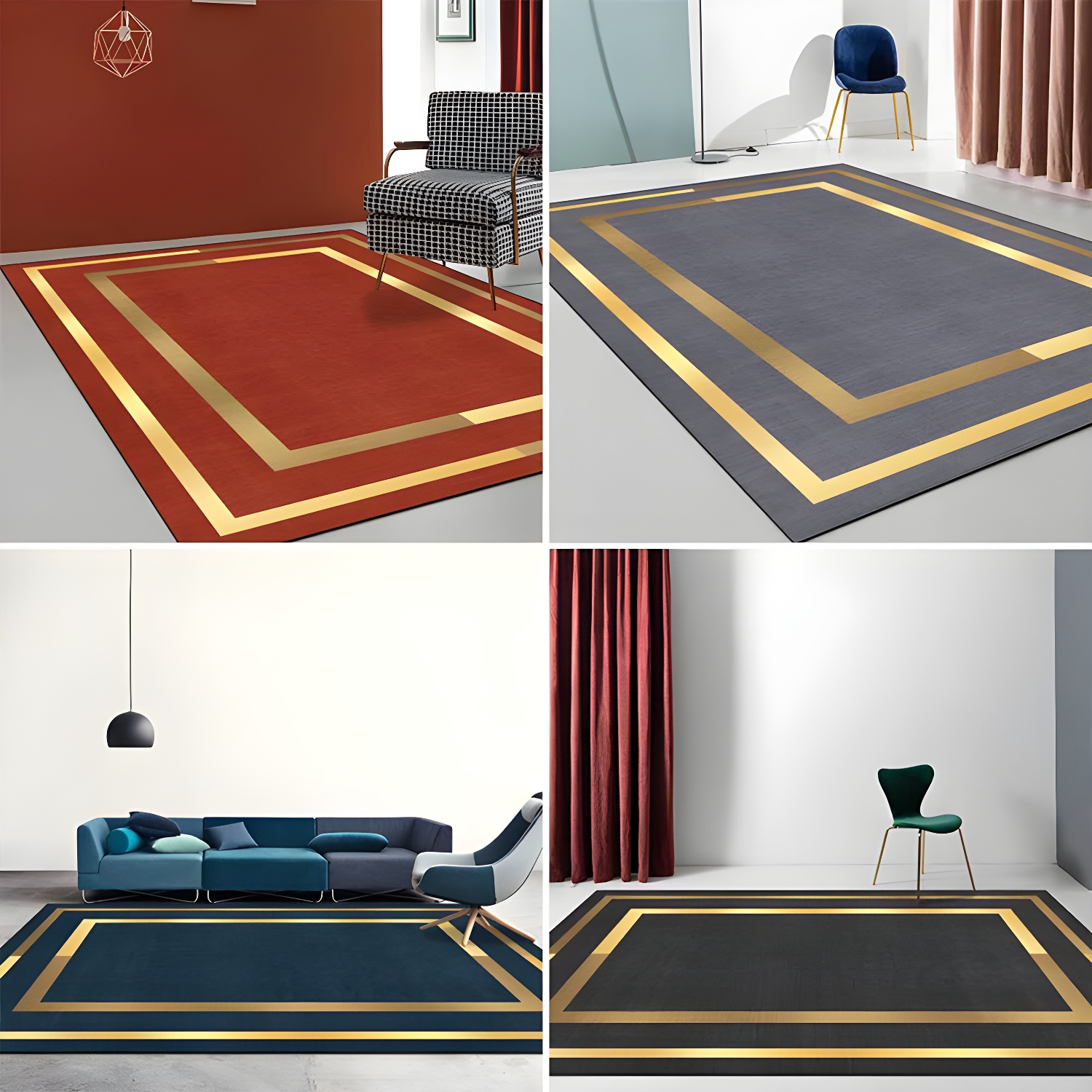 Glam Gold Frame Rug Multicolour Minimalist Carpet Polyester Anti-Slip Pet Friendly Stain Resistant Rug for Room
