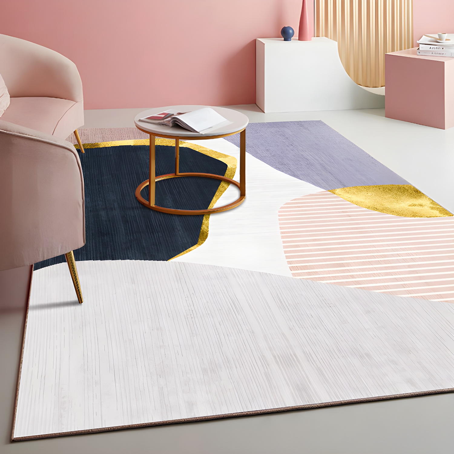 Multi Coloured Geometric Block Rug Polyester Nordic Carpet Machine Washable Stain Resistant Non-Slip Backing Rug for Living Room