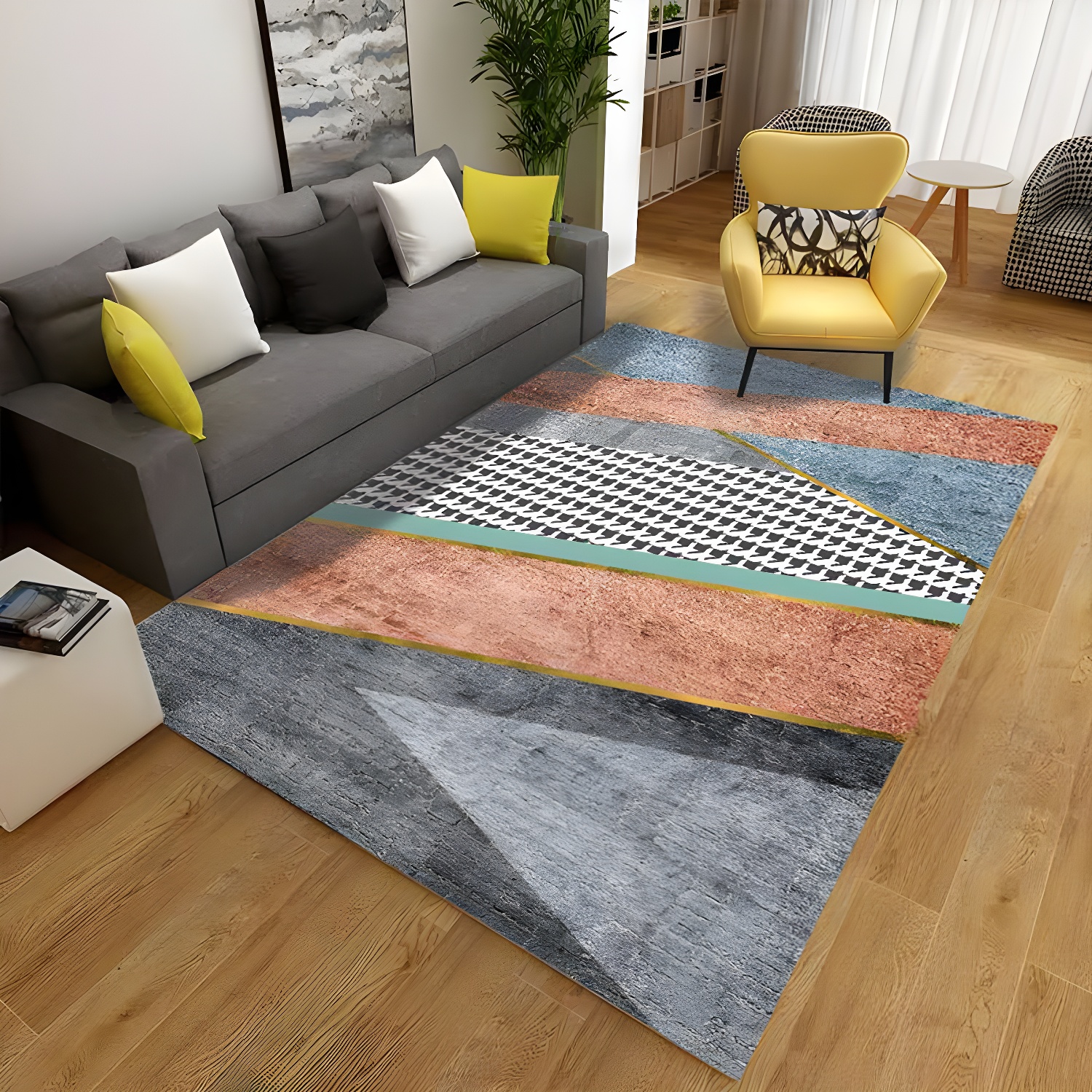 Multicolour Living Room Rug Mid-Century Geometric Carpet Polyester Washable Non-Slip Pet Friendly Rug