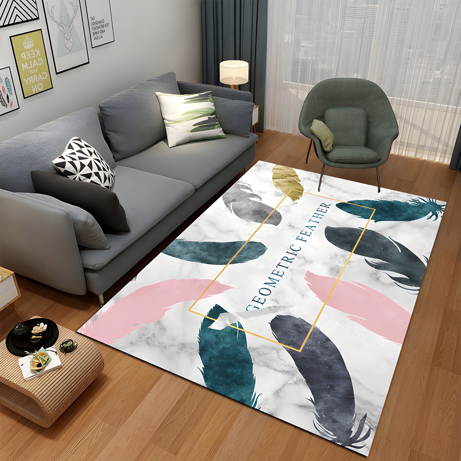Decorative Multicolour Patterned Rug Polyester Nordic Style Rug Non-Slip Stain Resistant Washable Rug for Room