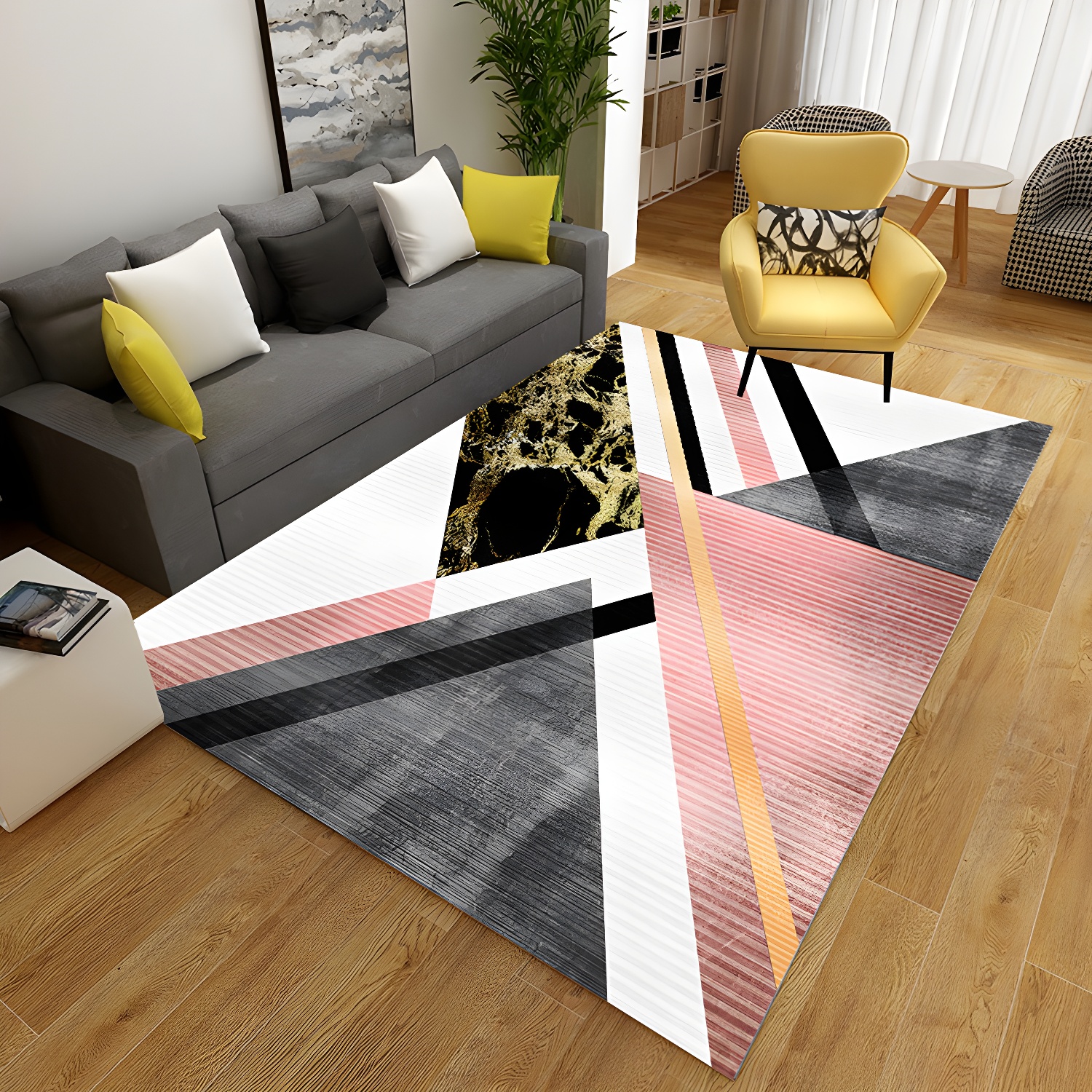 Multi-Coloured Geometric Rug Polypropylene Nordic Carpet Machine Washable Stain Resistant Anti-Slip Rug for Home Decoration