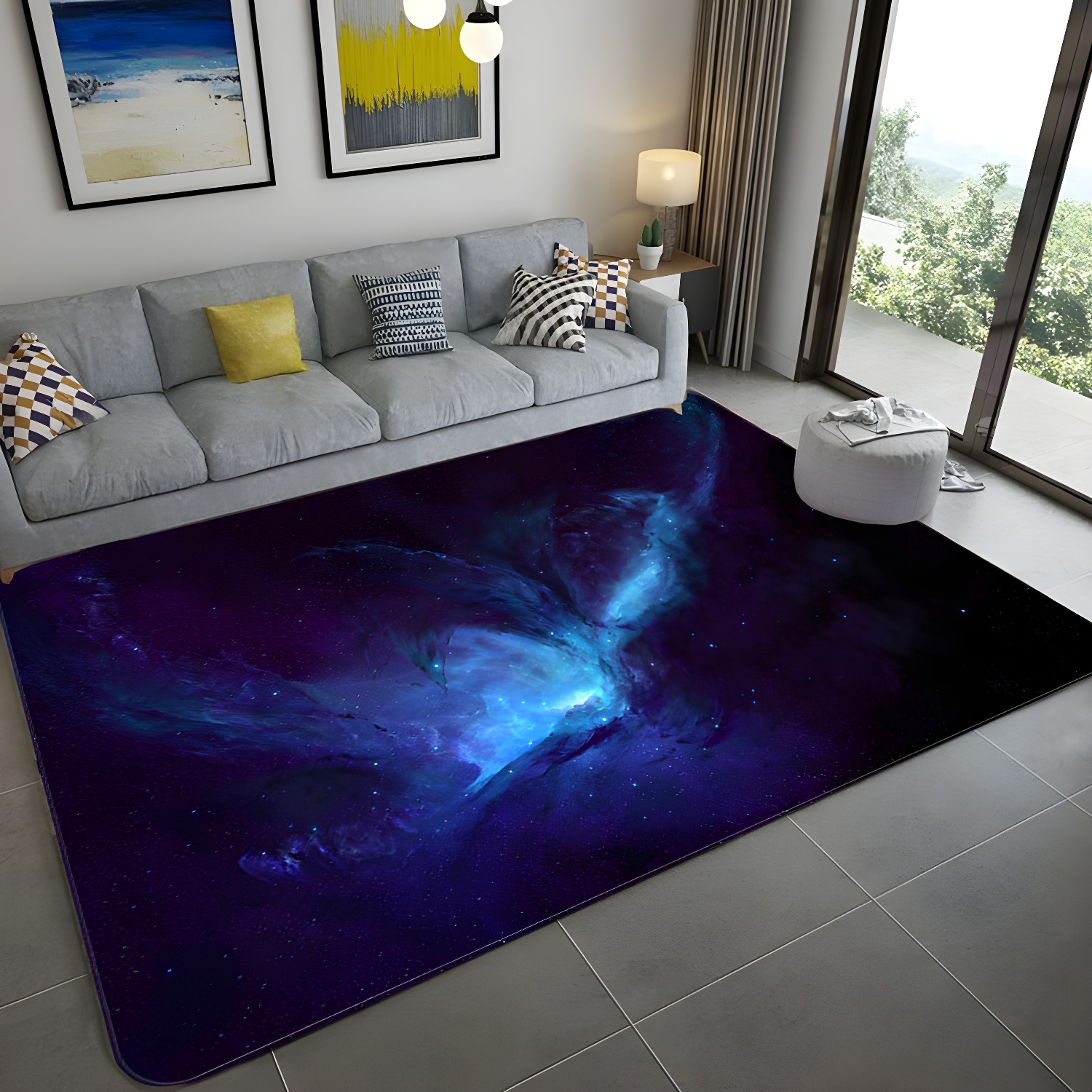 Mystical Galaxy 3D Graphic Rug Blue-Black Polypropylene Rug Anti-Slip Backing Washable Stain Resistant Carpet for Sitting Room