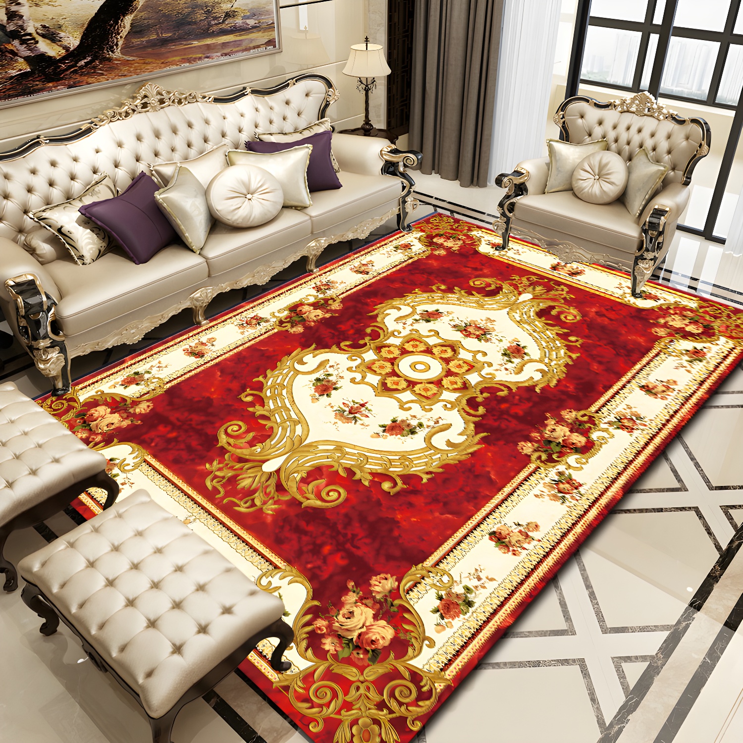 Vintage Multi Colour Floral Rug Polyster Western Area Carpet Non-Slip Pet Friendly Easy Care Rug for Home Decoration