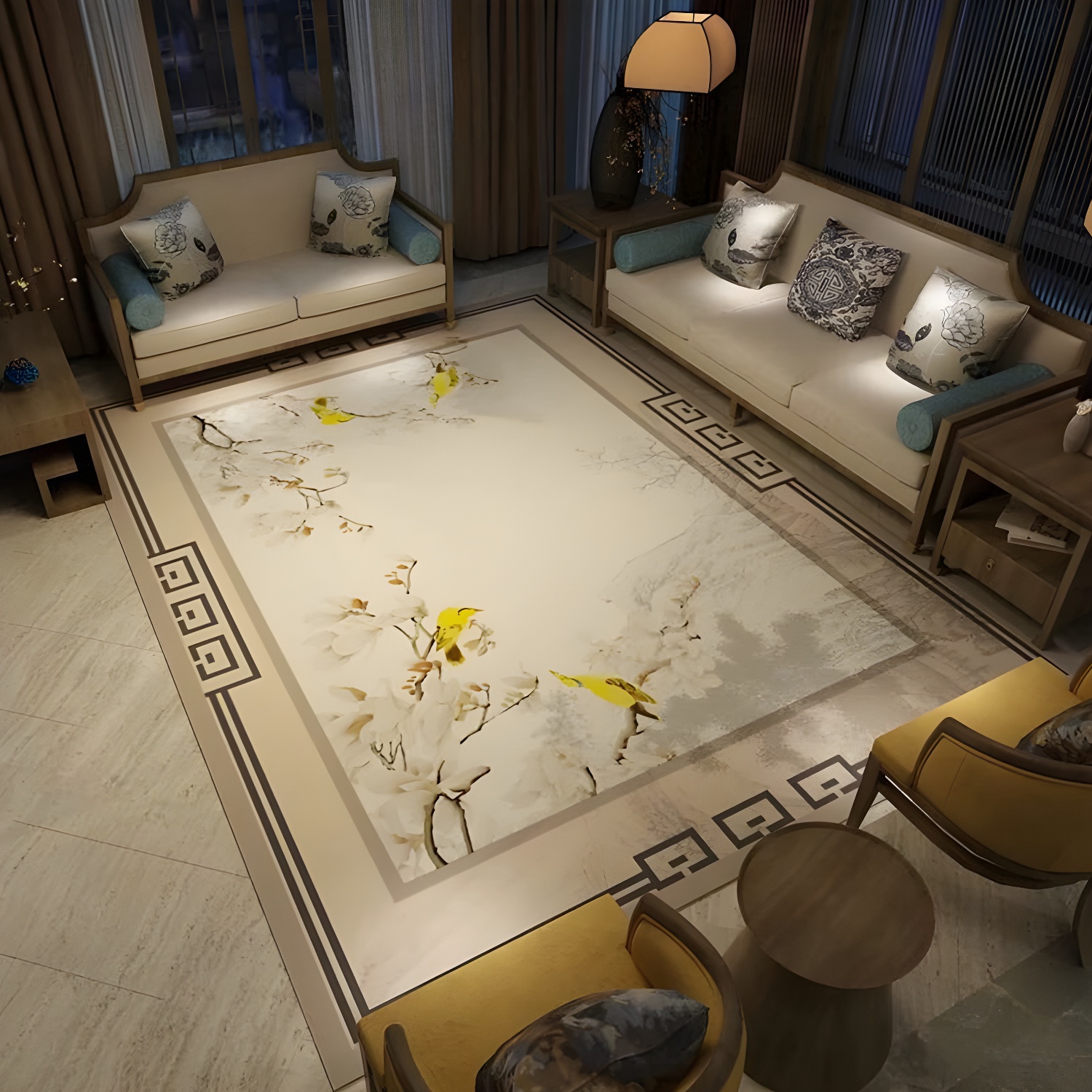 Olden Chinoiserie Rug Multicolour Bird and Flower Print Rug Non-Slip Machine Washable Rug for Living Room