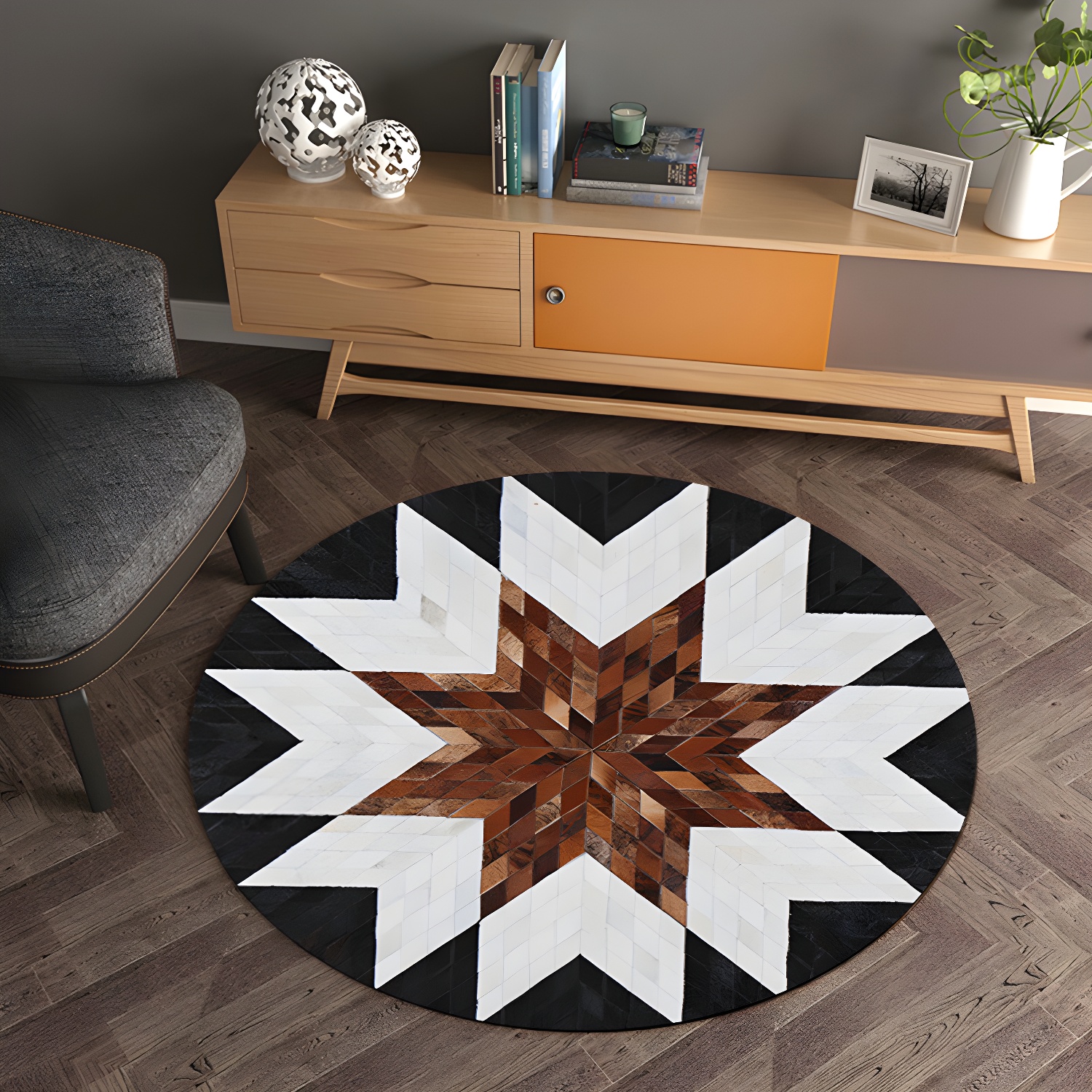 Multicolour Wood Look Geometric Rug Cowhide Modern Rug Stain Resistant Non-Slip Backing Rug for Home