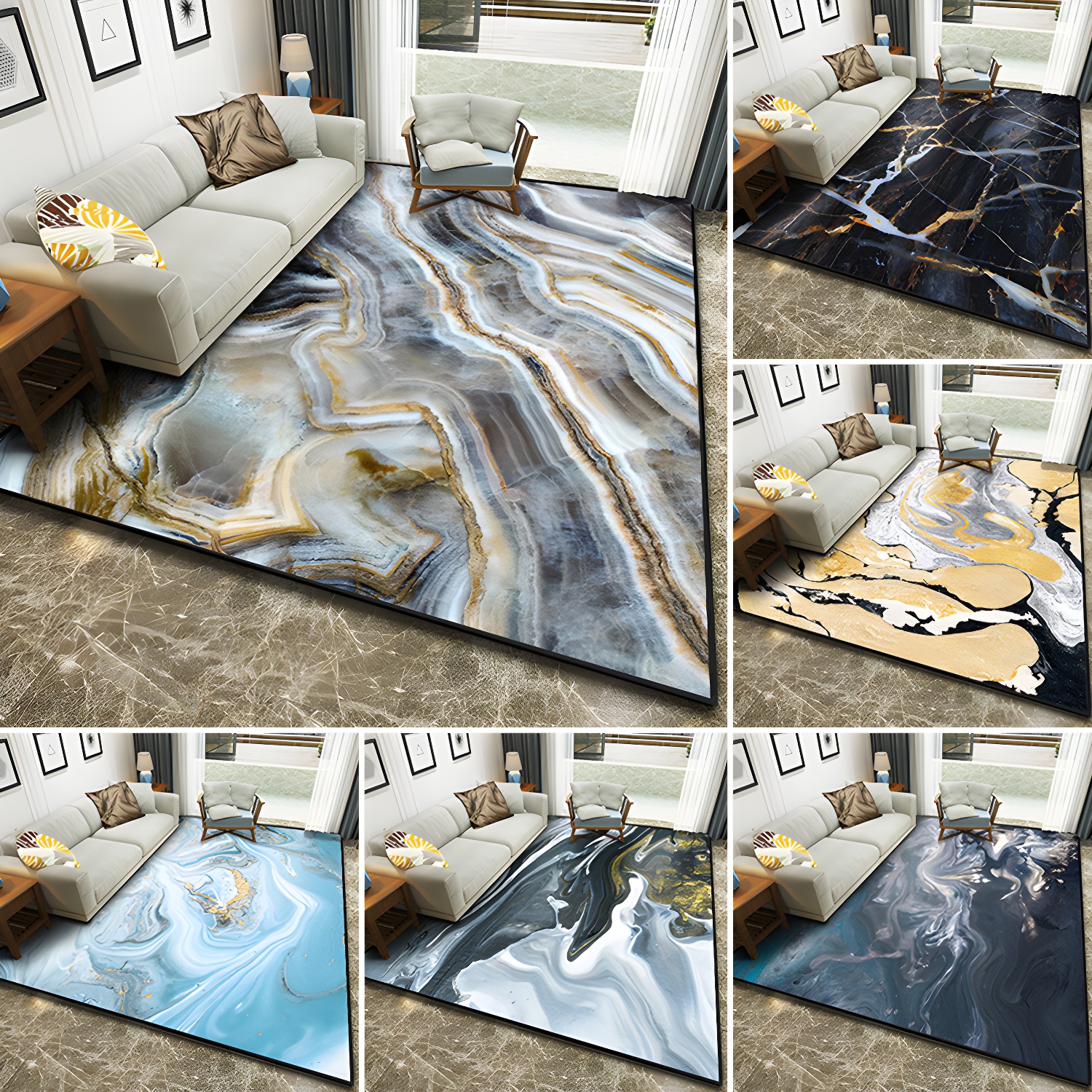 Art Deco Nordic Rug Multi Colour 3D Marble Print Carpet Anti-Slip Stain Resistant Pet Friendly Rug for Great Room