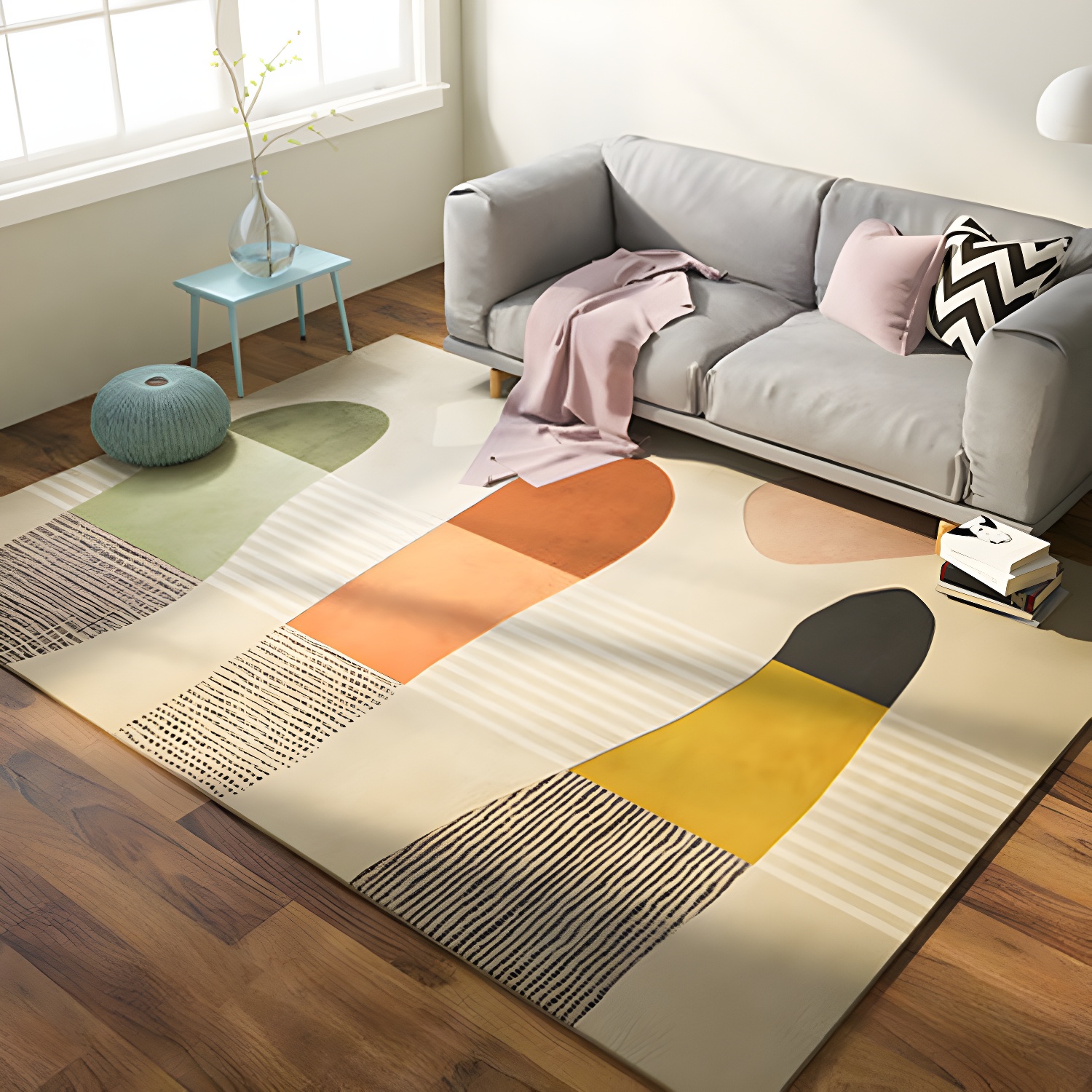 Multi Coloured Colour Block Rug Polyster Nordic Indoor Rug Anti-Slip Pet Friendly Easy Care Area Carpet for Decoration