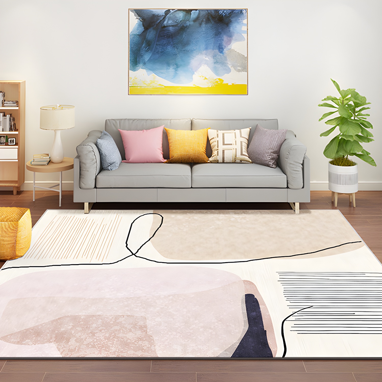 Multi Coloured Scandinavian Rug Synthetics Hand Printed Area Carpet Non-Slip Backing Pet Friendly Indoor Rug for Decoration