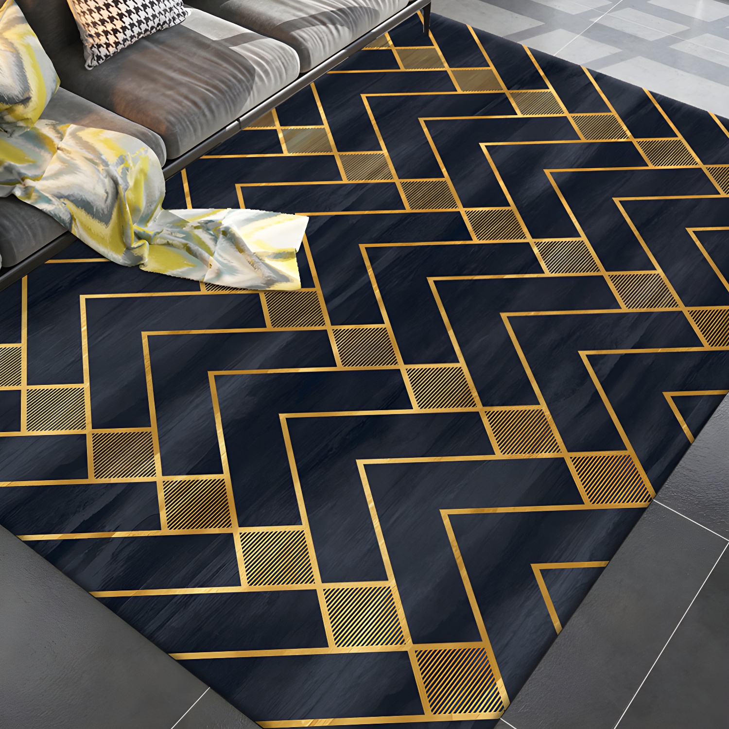 Simple Living Room Rug Multicolour Geometric Printed Area Carpet Cotton Blend Non-Slip Backing Easy Care Area Rug