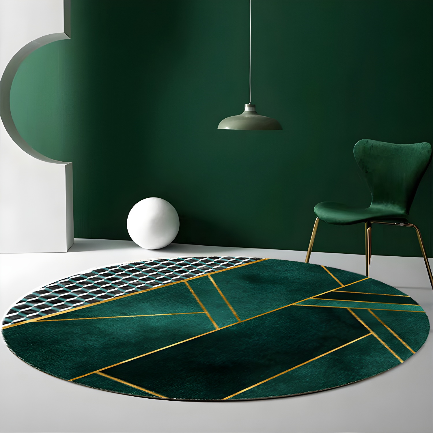 Green Simplicity Round Rug Polyester Geometry Carpet Stain Resistant Rug for Living Room