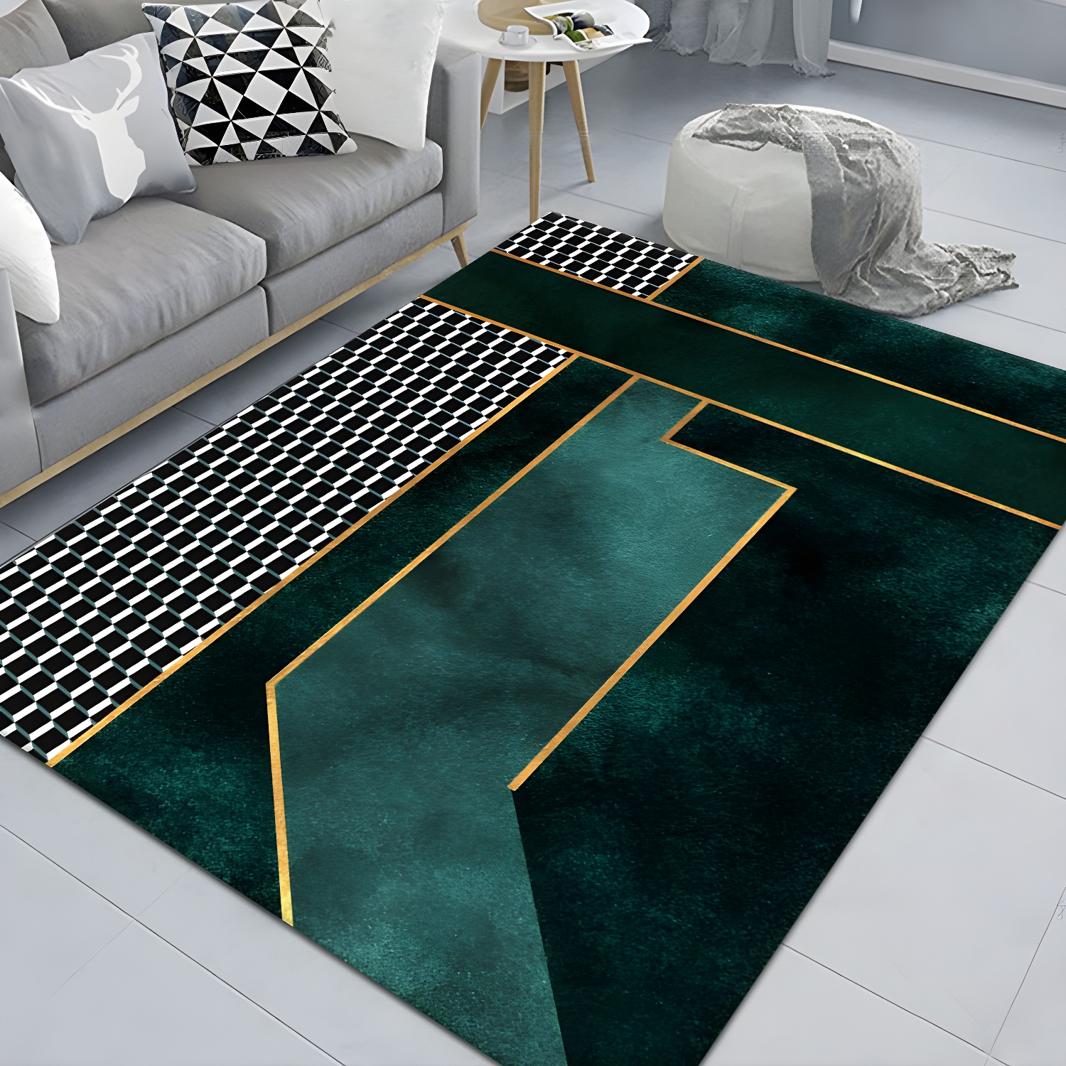 Luxurious Green Modern Rug Polyester Geometry Area Carpet Non-Slip Backing Rug for Home Decor