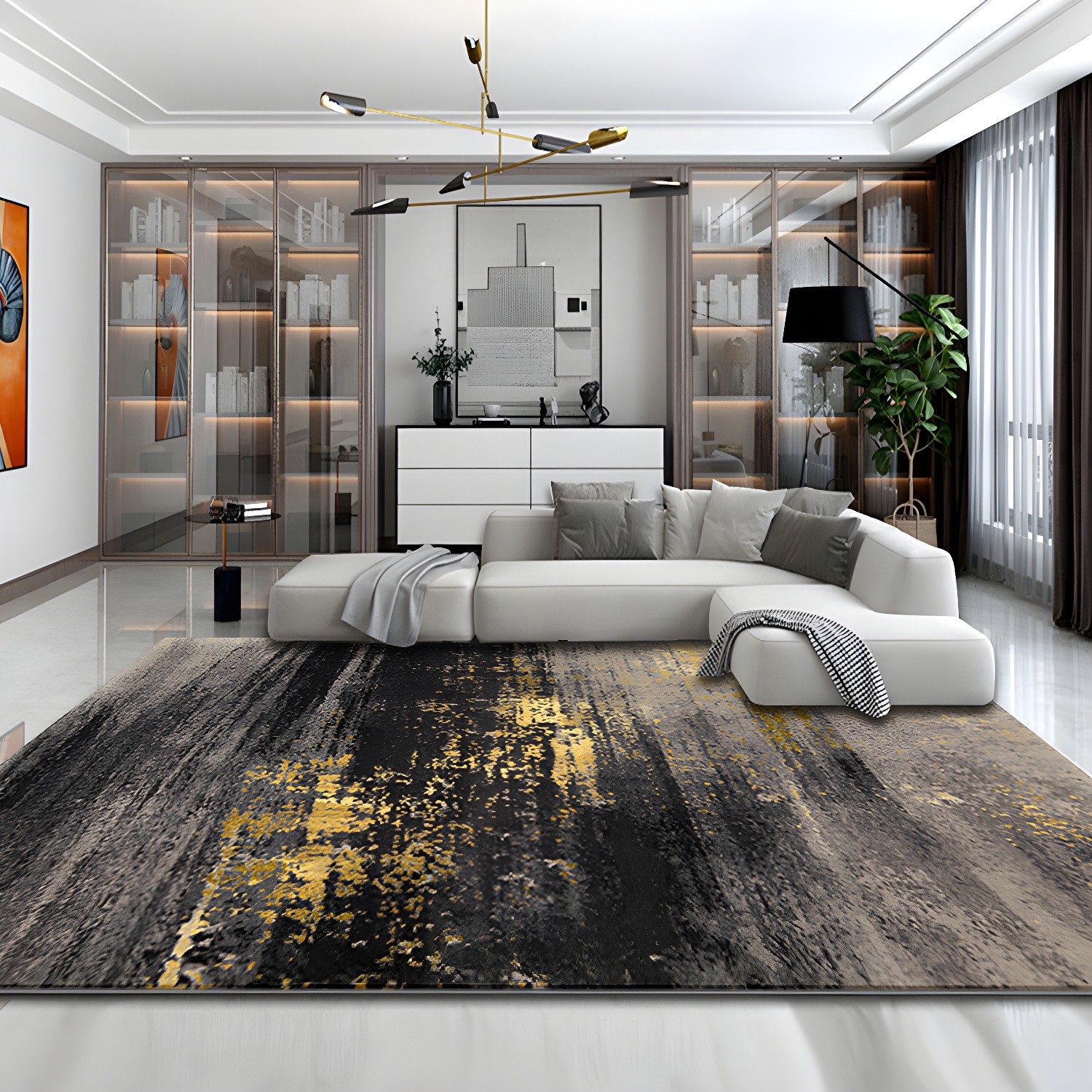 Comfortable Dark Ink Painting Effect Rug Polyester Olden Rug Stain Resistant Carpet for Bedroom